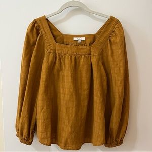 Madewell Square-Neck Bubble-Sleeve Top in Plaid Antique Gold
